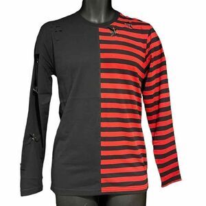 Custom Distressed Red & Black Striped Split Long Sleeve Shirt Men’s Small